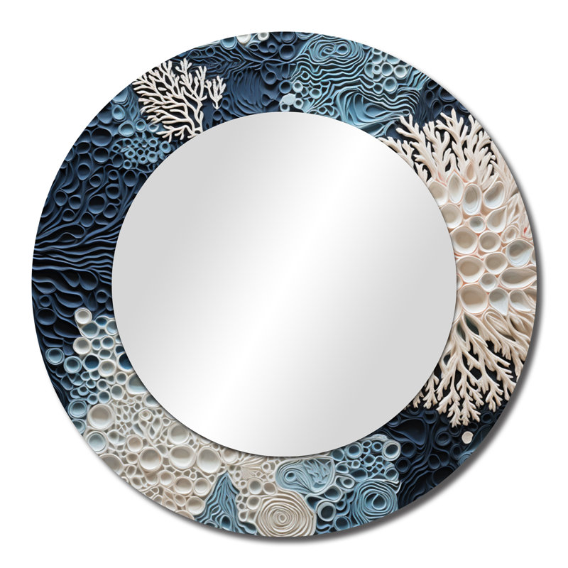 Under Water Blue And White Corals Collage - Coastal Unique Mirror, Coastal Large Round Wall Mirror, Printed Metal Art