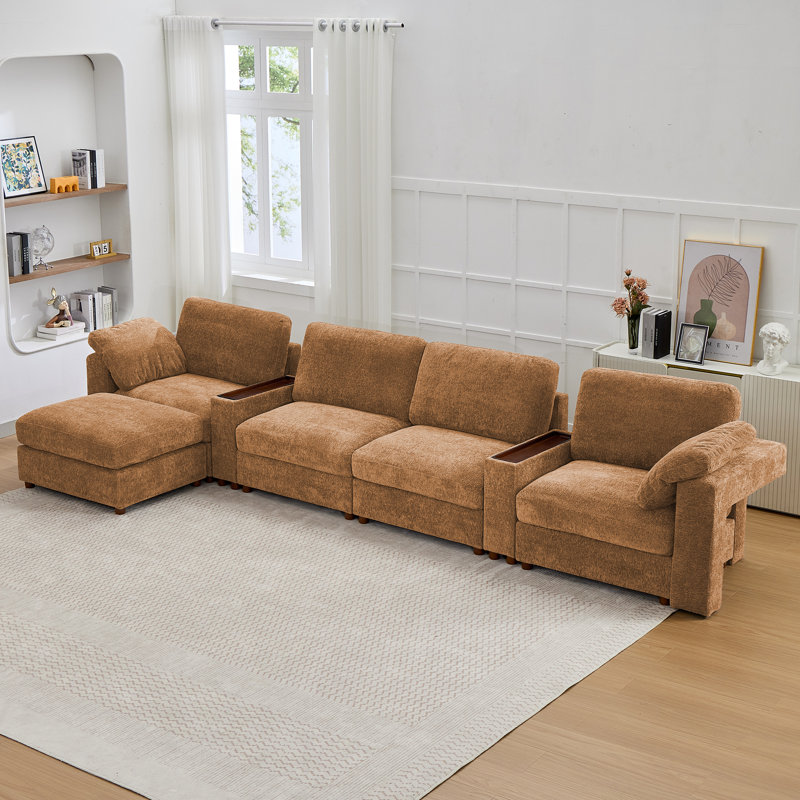 5 - Piece Teddy Modular Sectional Sofa Cloud Couch with Ottoman and 2 Storage Side Table, Orange, 4