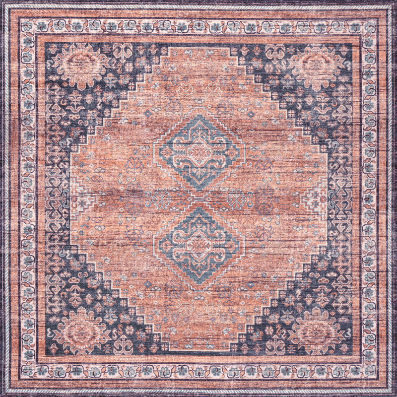 Tapis terre cuite / bleu marine lavable à la machine Lesandra, Carré 6 pi