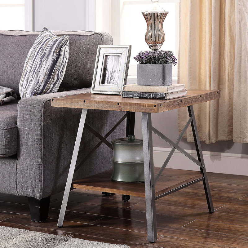 Table de bout rustique en chêne patiné et noir sablé 2 po avec tablette - décoration de salon avec 2 tables d'inspiration rétro
