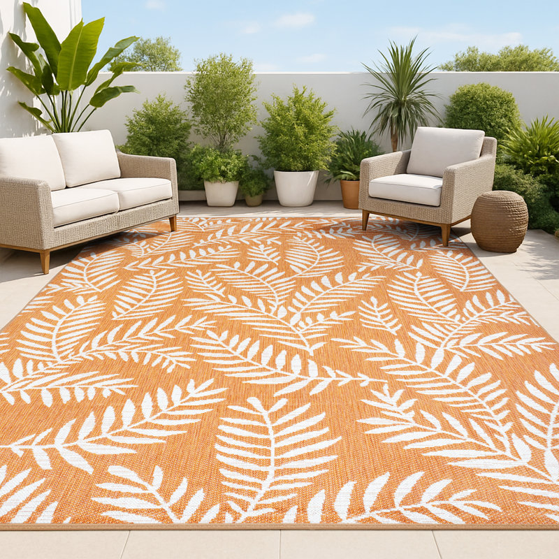 Carnearney Nevis Palm Frond Orange/Cream Indoor/Outdoor Rug, Rectangle 3'11" x 6'