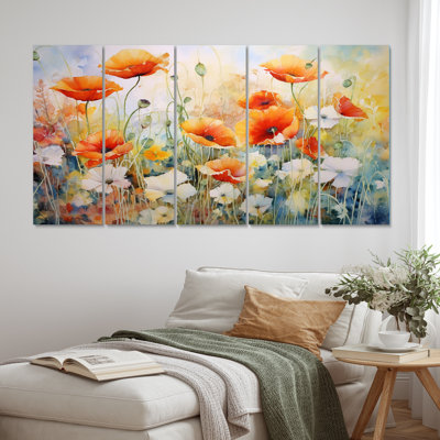 Blooming White Poppy Flowers In The Meadows - Poppies, reproduction d'art sur toile - 5 panneaux égaux