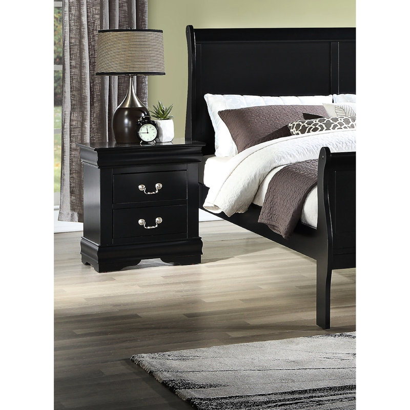 Table de chevet noire en bois massif avec moulures supérieure et inférieure moulées - tiroir moderne lisse à deux tiroirs