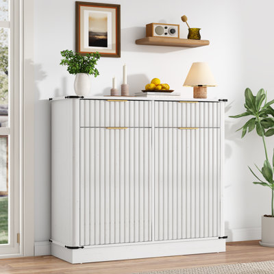 Double Tilt Out Trash Cabinet, Fluted Laundry Hamper Cabinet with 2 Drawers and Charging Station 20 Gallon Wooden Hidden Garbage Can Cabinet for Kitchen & Living Room (Not Include Trash Can)