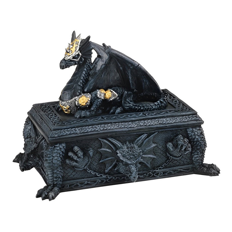 7.25"W Black Dragon Guarding Trinket Box