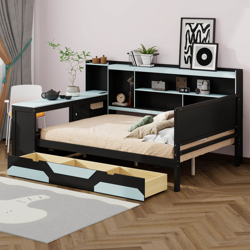 Lit de jour de jeu avec bureau intégré et 3 tiroirs, cadre de lit de jeu en bois avec lumières DEL et station de charge, lit de jour de coin de jeu multifonctionnel avec tête de lit bibliothèque