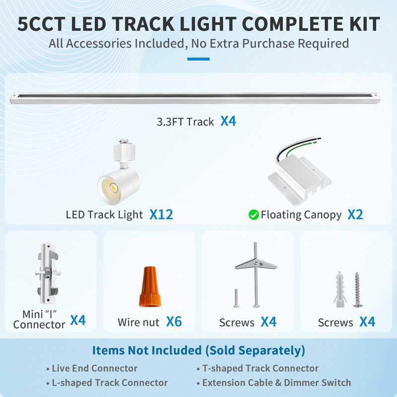 Ensemble d'éclairage sur rail DEL 5CCT, 12 lumières à intensité variable avec rail H 13,2 pi, Blanc