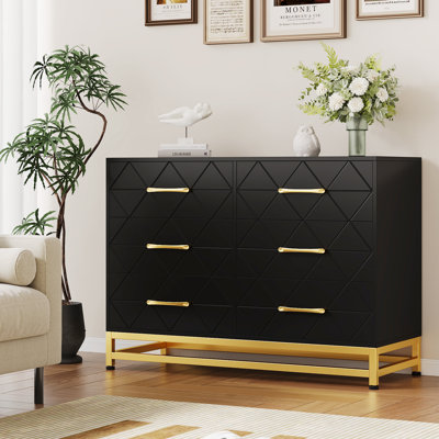 Commode double 6 tiroirs 39 po avec poignées dorées