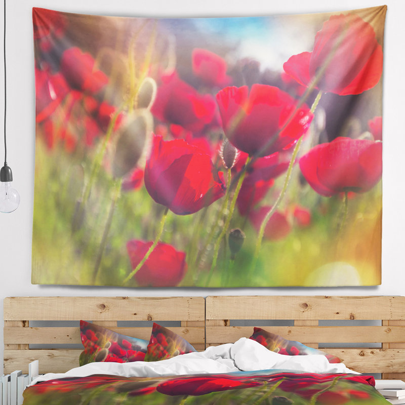 Tapisserie florale à motif de coquelicots rouges épais, H 32 po x l 39 po