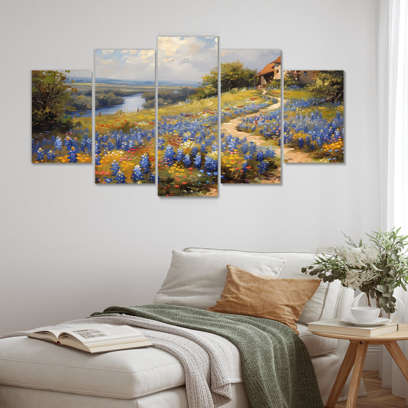 «Blue Green Meadow Charm Blue Bonnets VII», ensemble d'art sur toile Blue Bonnets