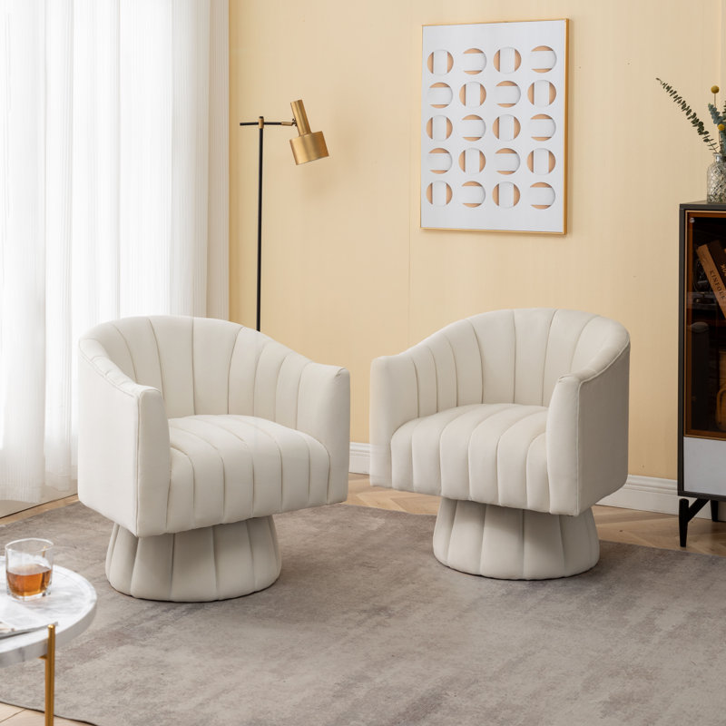 Murrow Velvet Swivel Barrel Chair, Beige Velvet