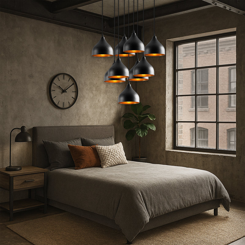 Luminaire suspendu industriel en métal à hauteur réglable 9 lumières, Noir