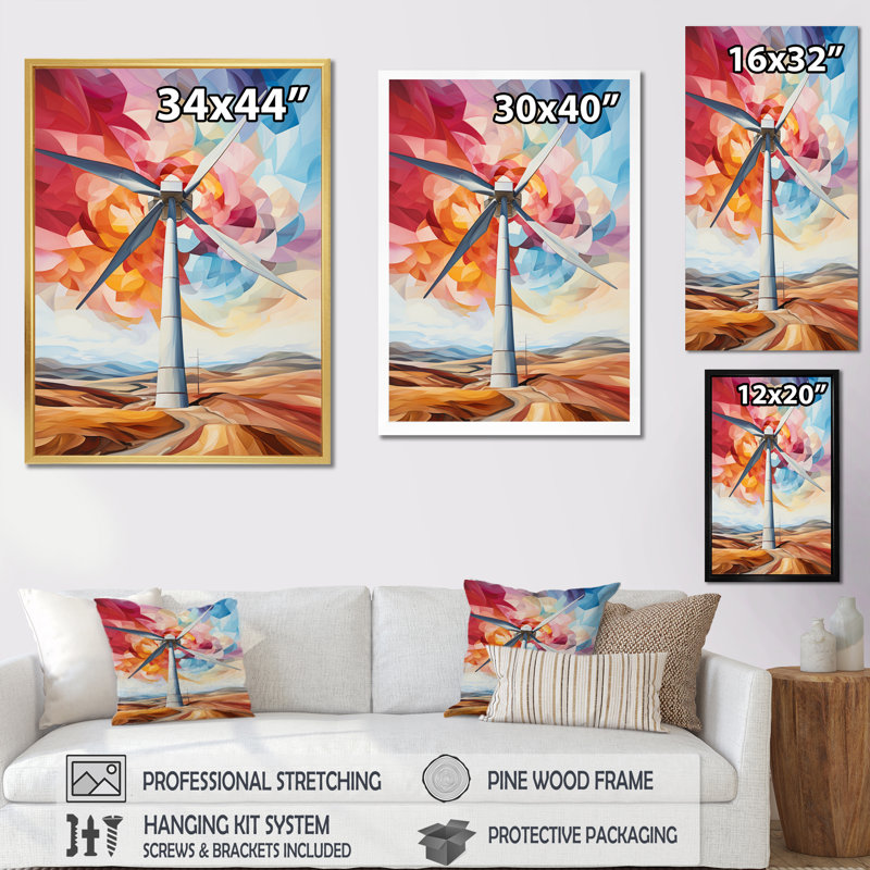 «Fractal Wind Turbines Modern Energy», reproduction sur toile, Cadre doré à une seule photo, H 44 po x l 34 po x P 1,5 po