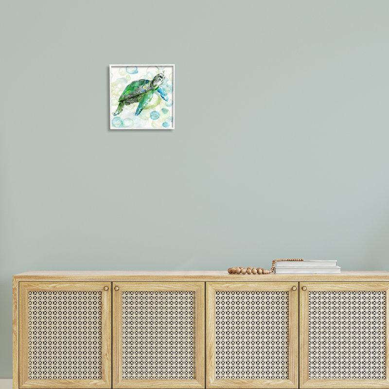 «Aquatic Sea Turtle Water Bubbles» par Carol Robinson - peinture à cadre flottant sur toile, H 12 po x l 12 po x P 1,5 po