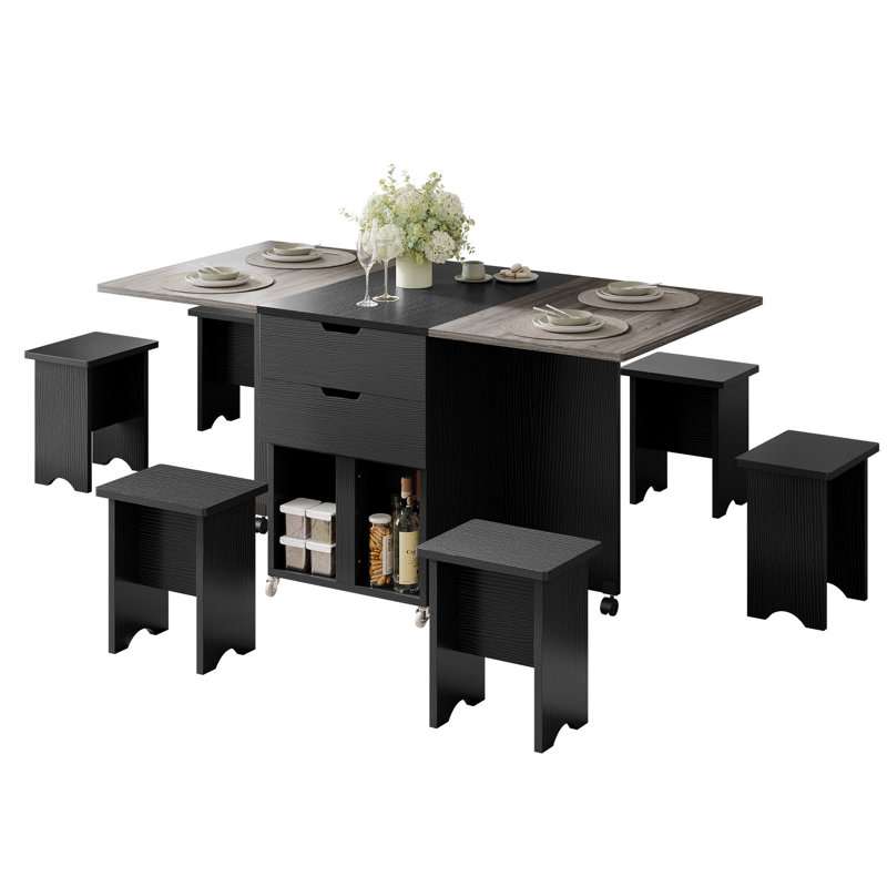 Chelia 7 - Piece Folding Extendable Dining Table Set With 6 Chairs, Grey