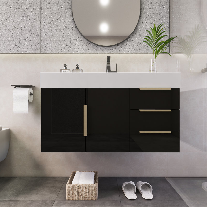 Ensemble de meuble-lavabo simple mural 35,4 "Mariyon, Noir très lustré