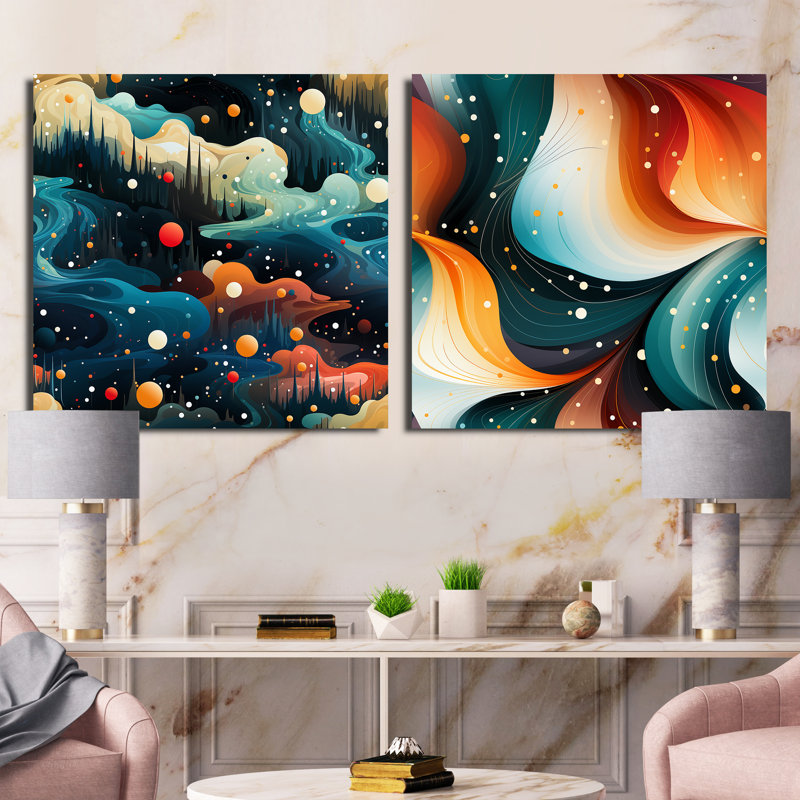 Cosmic Harmony - ensemble de 2 collages carrés abstraits, Toile tendue, H 16 po x l 33 po