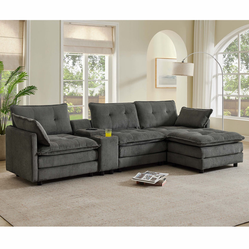 Canapé modulaire surdimensionné en L 119 po en velours côtelé avec 1 repose-pieds et console multifonctionnelle, canapé rembourré 4 places avec port USB et 2 porte-gobelets, facile à assembler pour le salon, gris