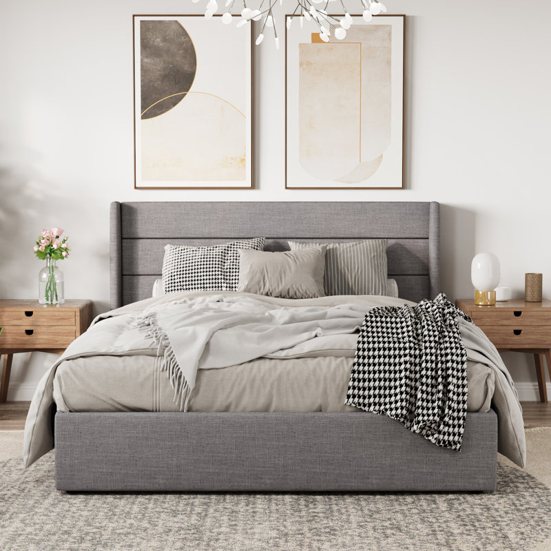 Braya Hydraulic Lift Up Storage Upholstered Platform Bed, Full, Dark Gray Linen