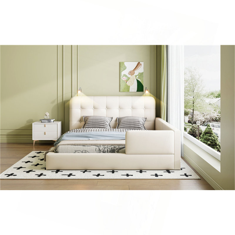 Grand lit plateforme tapissier avec 2 lampes de lecture, blanc