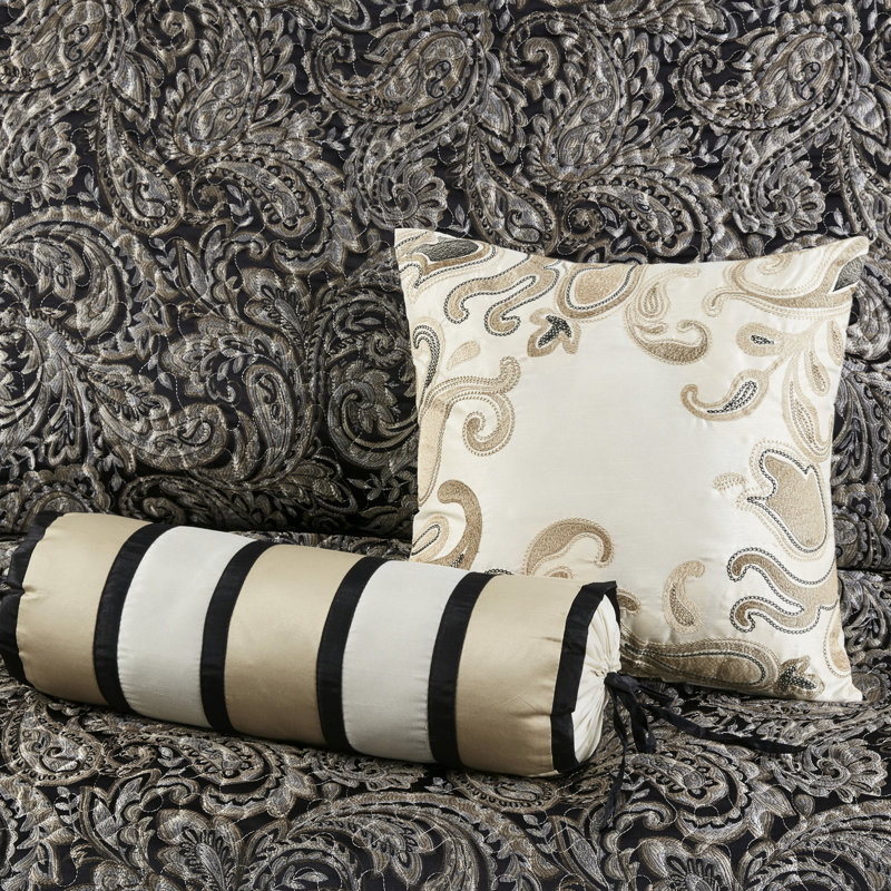 Couvre-lit 5 pièces pour grand lit - noir avec motif cachemire actualisé et bourre douce lavable à la machine, Noir