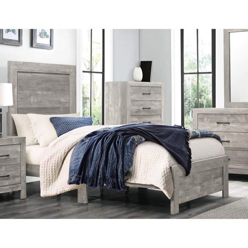 Lit simple moderne gris rustique, placage de bois, sommier requis pour une chambre à coucher relaxante