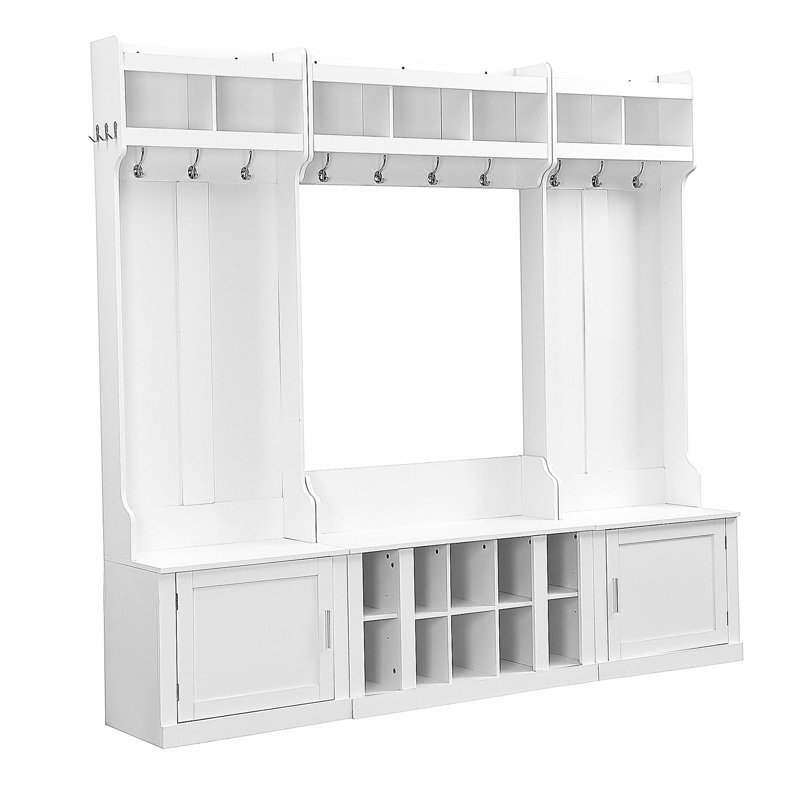 Arbre d'entrée large avec rangement et banc, banc d'entrée multifonctionnel 4-en-1 avec portemanteau et casiers à chaussures, mobilier pratique pour le couloir, blanc