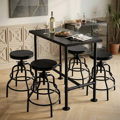 Industrial Bar Table And 4 Stools Set, Solid Pine Wood With Black Walnut Finish, Fixed Height Bar Height Table With Adjustable Stools For Kitchen, Dining Room, Home Bar & Cafe