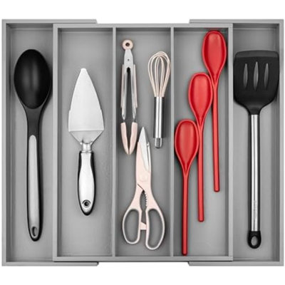 Kitchen Drawer Organizer - Expandable Utensil Drawer Organizer For Kitchen, Cutlery Tray & Silverware Organizer, 3-5 Slots - Bamboo Organizer For Utensils & Flatware (Grey)