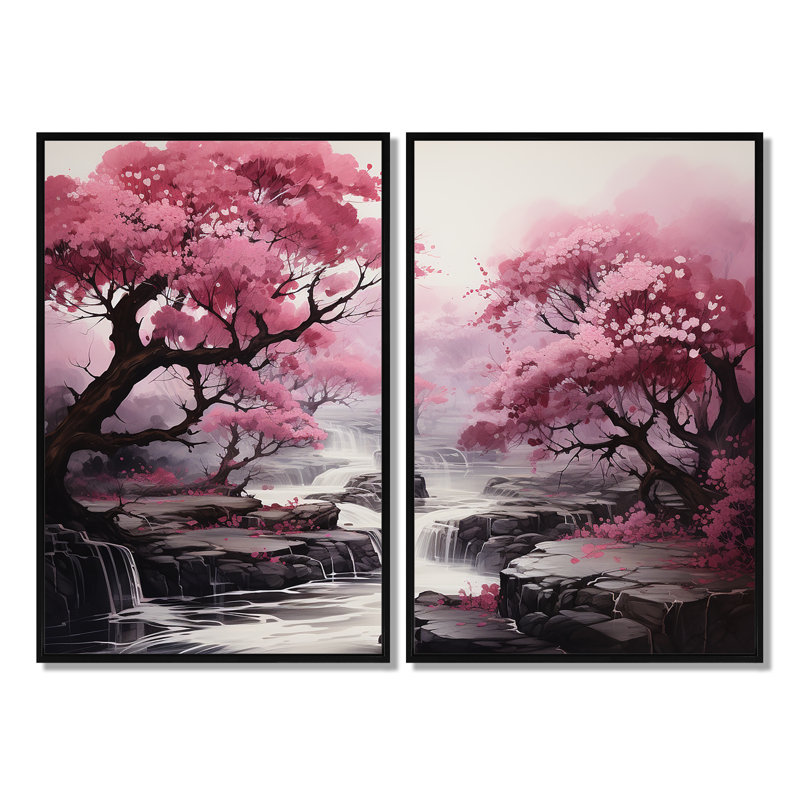 Décoration murale cascade rose arbres en cascade - paysages, H 36 po x l 48 po, Reproduction encadrée sans passe-partout