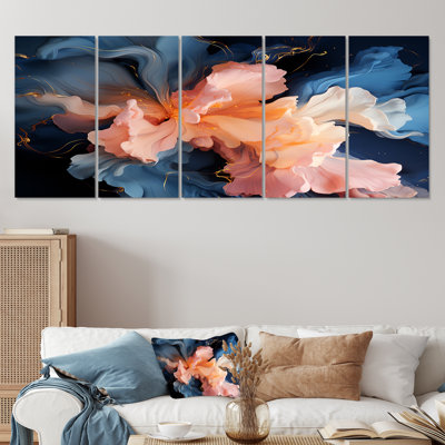 Blooming Pastel Pink On Royal Blue - Liquid ink Abstract Wall Art Set 5 Piece -  Design Art, PT92491-401