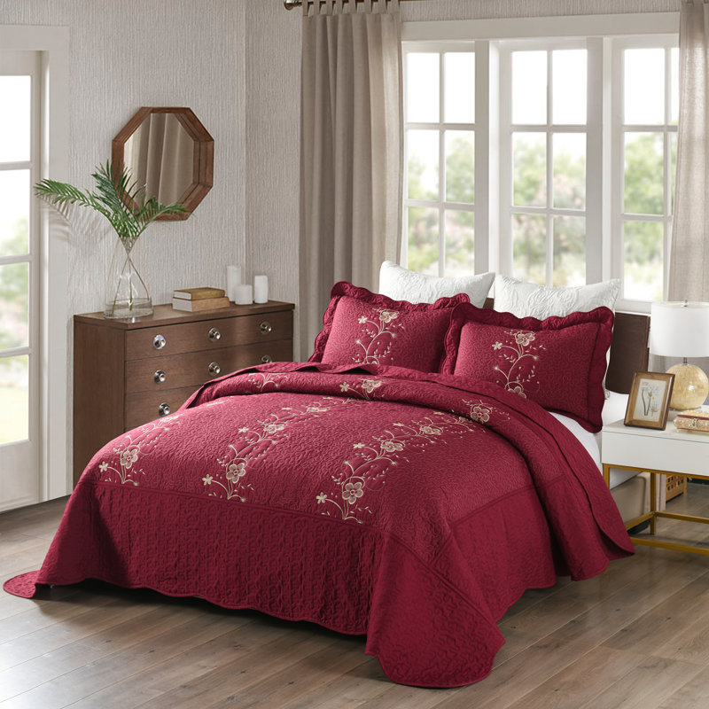 Polyester No Floral Coverlet, Queen Bedspread + 2 Shams, Burgundy
