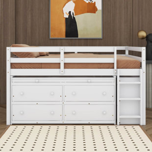Lit mezzanine double en bois avec bureau d'écriture rétractable, 4 tiroirs, bureau latéral et tablettes