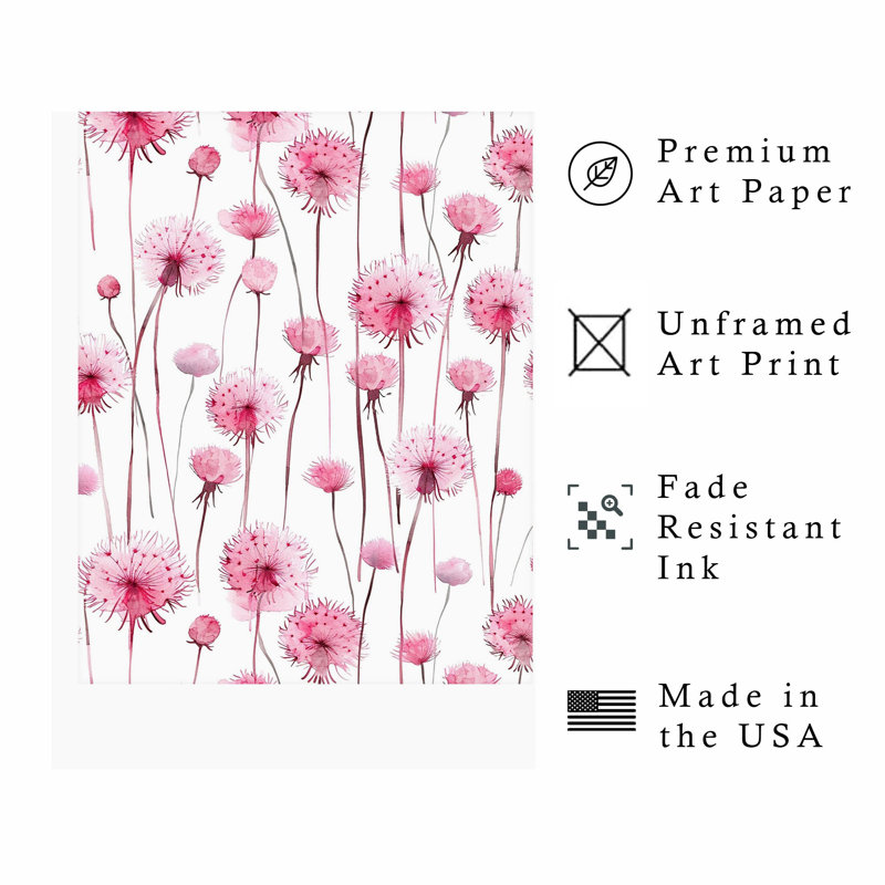«Botanical Pink Dandelions», reproduction d'art moderne sans cadre, H 16 po x l 12 po
