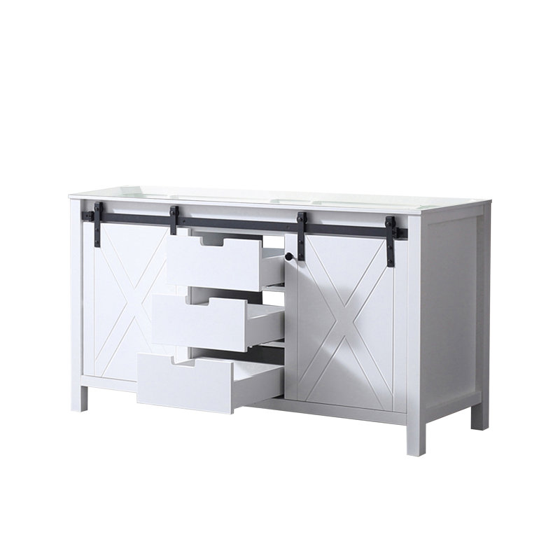 Meuble-lavabo double l 60 po x P 22 po Finition blanche autoportante à fermeture douce