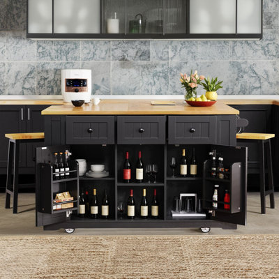 This Large Kitchen Island With 2 Bar Stools And An Electrical Outlet Has Storage Shelves Inside The Door And A 5-Wheel Storage Cart With Folding Board by Lark Manor