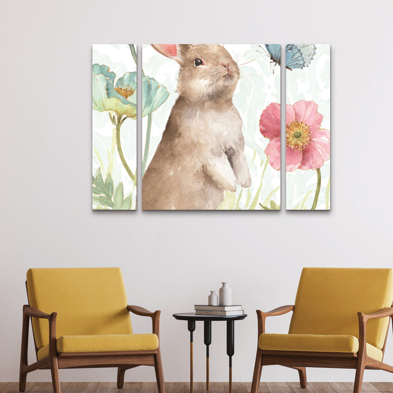Ensemble de 3 panneaux d'art mural - Lisa Audit «Spring Softies Bunnies II», art mural sur toile pour le salon, la chambre à coucher ou le bureau 