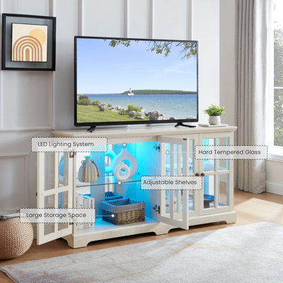 Eyisean 59" LED Curio Cabinet with 7 Color Lights, Vintage Glass Display Case with Glass Doors, Smartphone-Controlled, Short Wooden China Cabinet with Adjustable Shelves for Living Room, Entryway