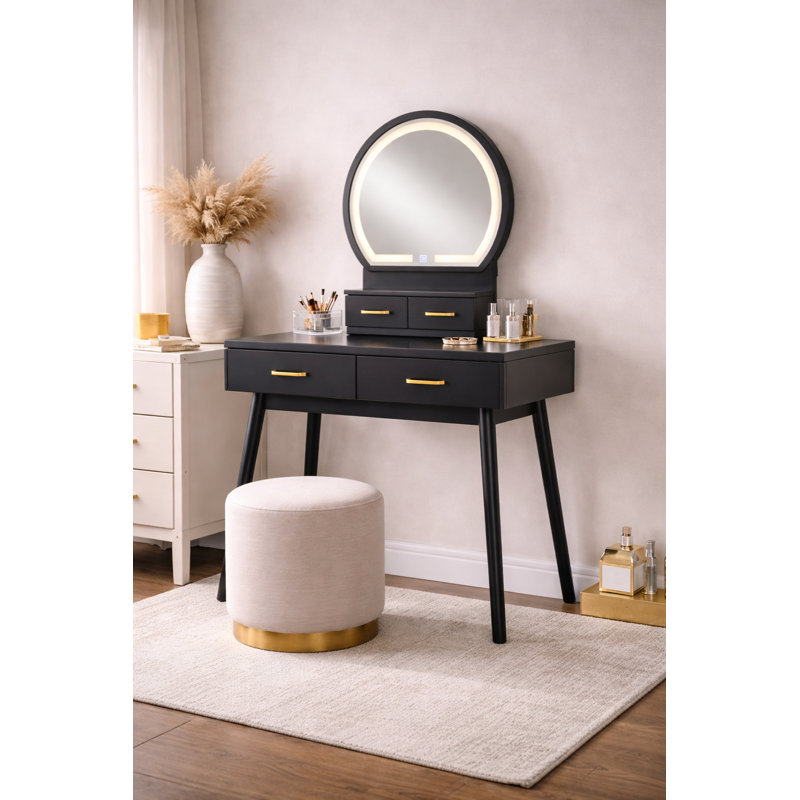 Coiffeuse avec miroir et tabouret Kamila, Noir