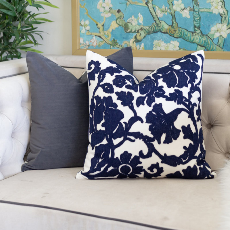 Floral Velvet Throw Pillow, Indigo