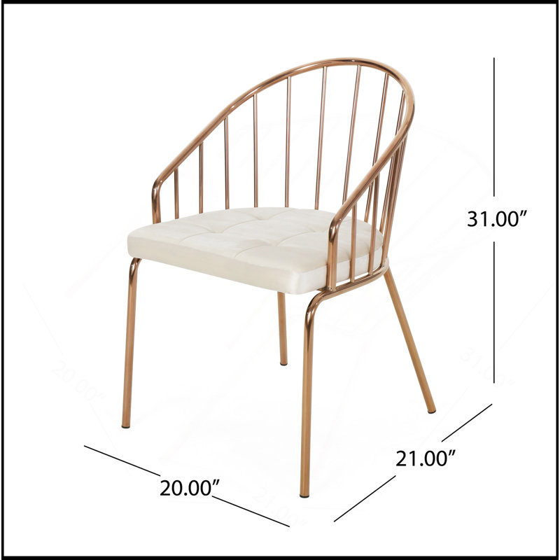 Chaise de salle à manger rembourrée en velours avec structure en acier inoxydable, or rose, coussin beige (ensemble de 2)
