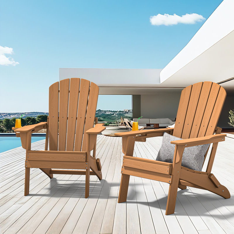Set of 2 Folding Adirondack Chairs, Wood Texture, Cup Holder, All-Weather HDPE, Teak, Teak