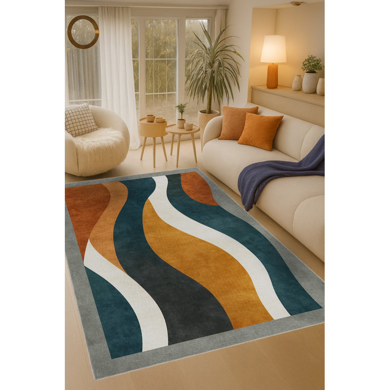 Tapis bleu tissé lavable rétro Mosso, 2'6" x 4'11"