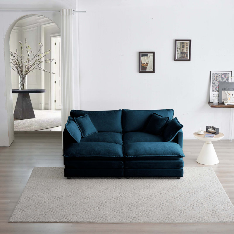 Jeffers Chenille Fabric Upholstered 4-Piece Sectional Sofa, Blue Chenille, 33" H x 76.7" W x 35" D