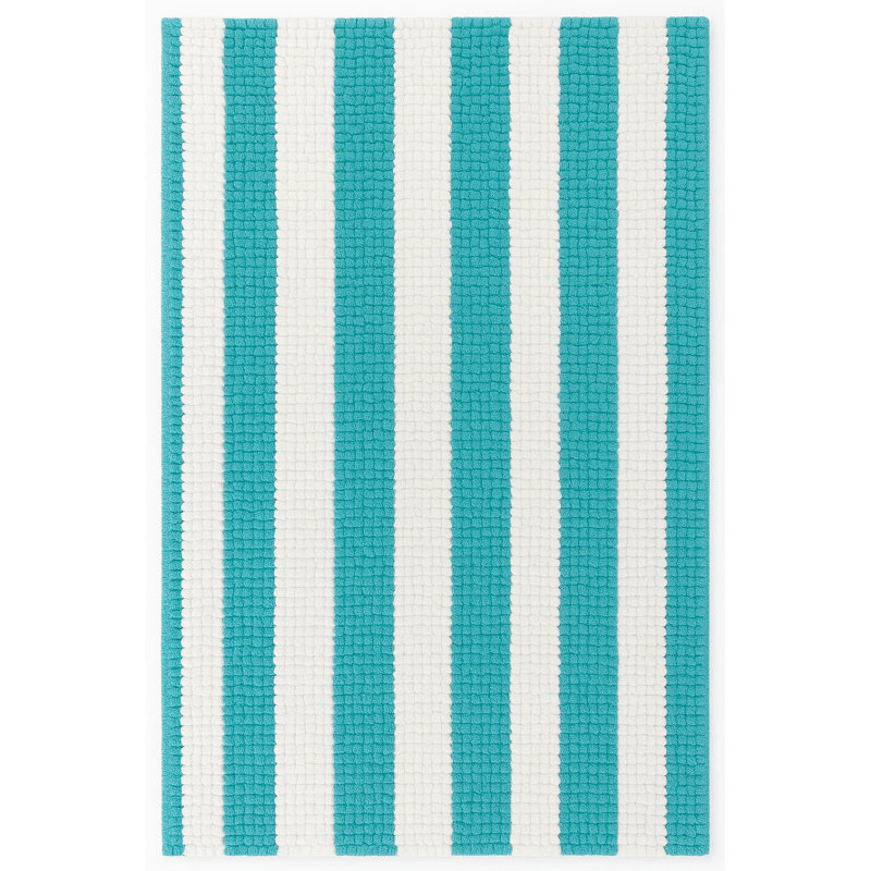 Grand tapis de bain en chenille moelleux à rayures bleu clair et blanc, Bleu