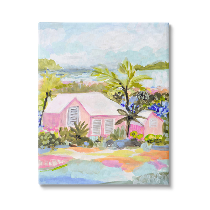 «Pink Tropical Cottage» par Karen Fields, Giclée encadrée noir minuit, H 20 po x l 16 po x P 1,5 po