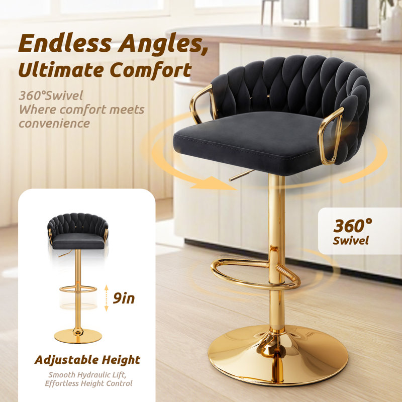 Velvet Swivel Bar Stools Set of 2, Modern  Upholstered Adjustable Height Counter Stools with Woven Backrest & Gold Base for Kitchen Counter Bar, balck