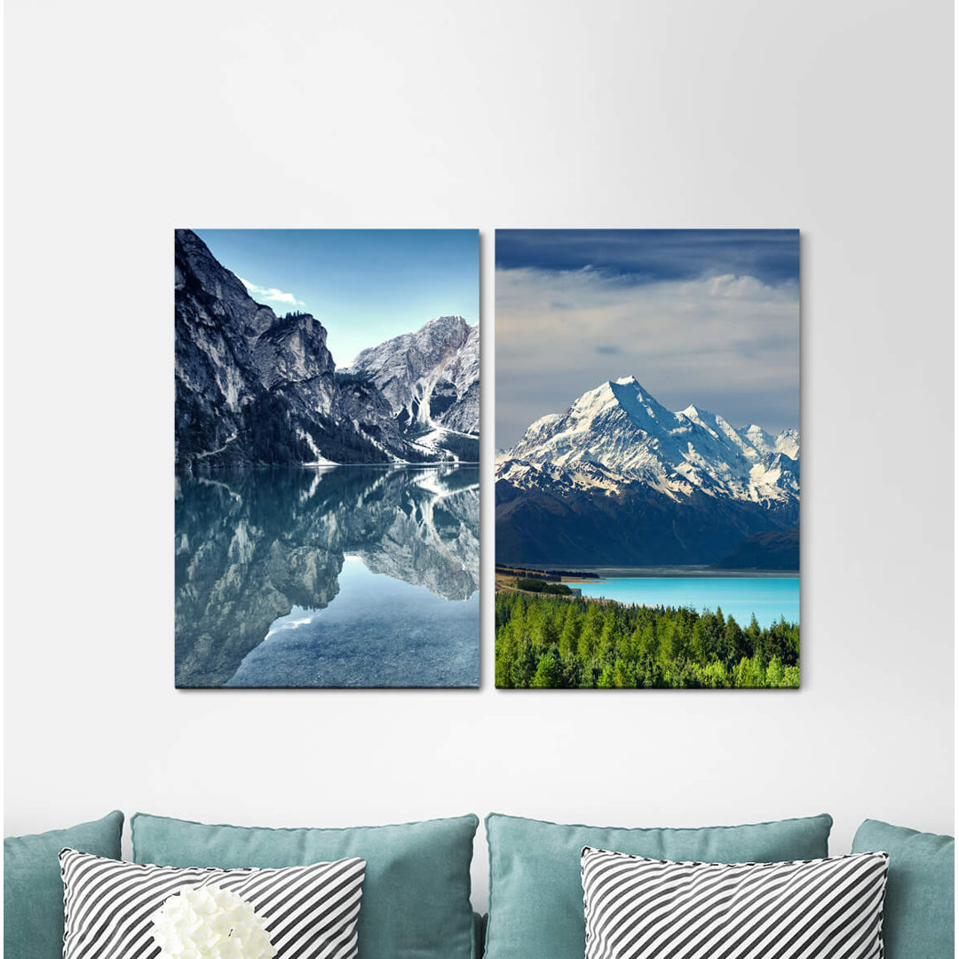 2-tlg. Leinwandbilder-Set - Fotografie „Mount Cook New Zealand Nature Lake Snow Summits Clear Water Silence”