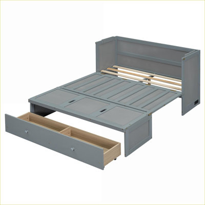Full Size Solid Pine &amp; MDF Murphy Storage Bed With USB Port Large Drawer No Box Spring Needed Gray For Small Guest Room