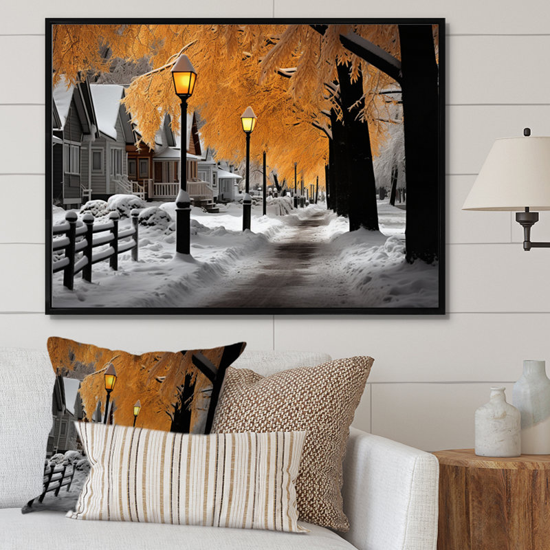 Monochromes d'hiver Street Charm I - paysages, art mural sur toile, Cadre flottant noir, H 12 po x l 20 po